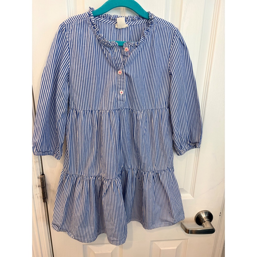 Crewcuts J. Crew Dress Blue White Striped Tiered Ruffle Cotton Kids 6